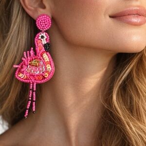 NWT Bold Pink Flamingo Beaded Earrings | Tropical Statement Dangles - Palm Beach